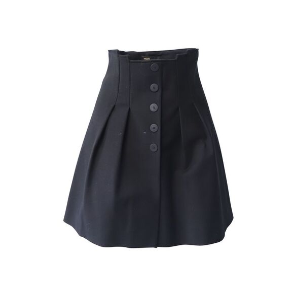 Maje Button Front Pleated Skirt in Black Cotton